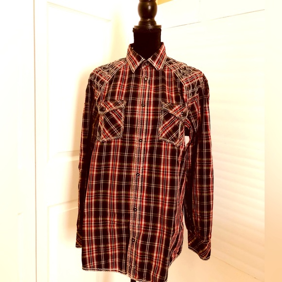 Men's Roar Enough Excuses L Button Down Red Checkered Long Sleeve Shirt - Picture 1 of 12
